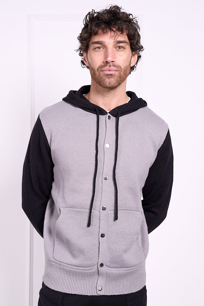 Panel Knitted Popper Hoody - Black