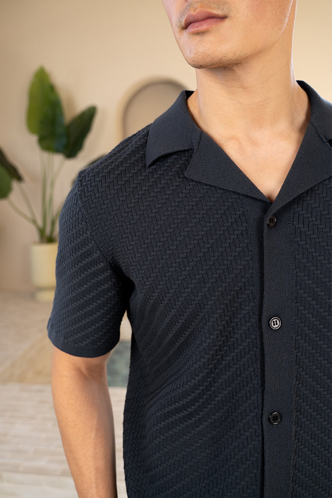 Herringbone Revere Collar Shirt - Charcoal
