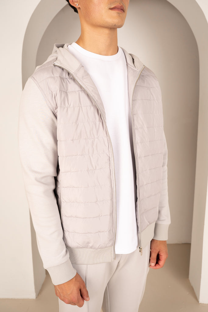 Hybrid Quilted Zip Through Hooded Jacket - Light Grey