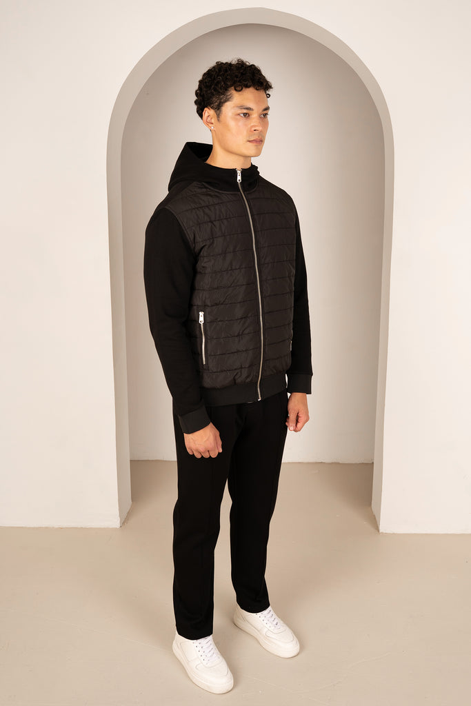 Hybrid Quilted Zip Through Hooded Jacket - Black