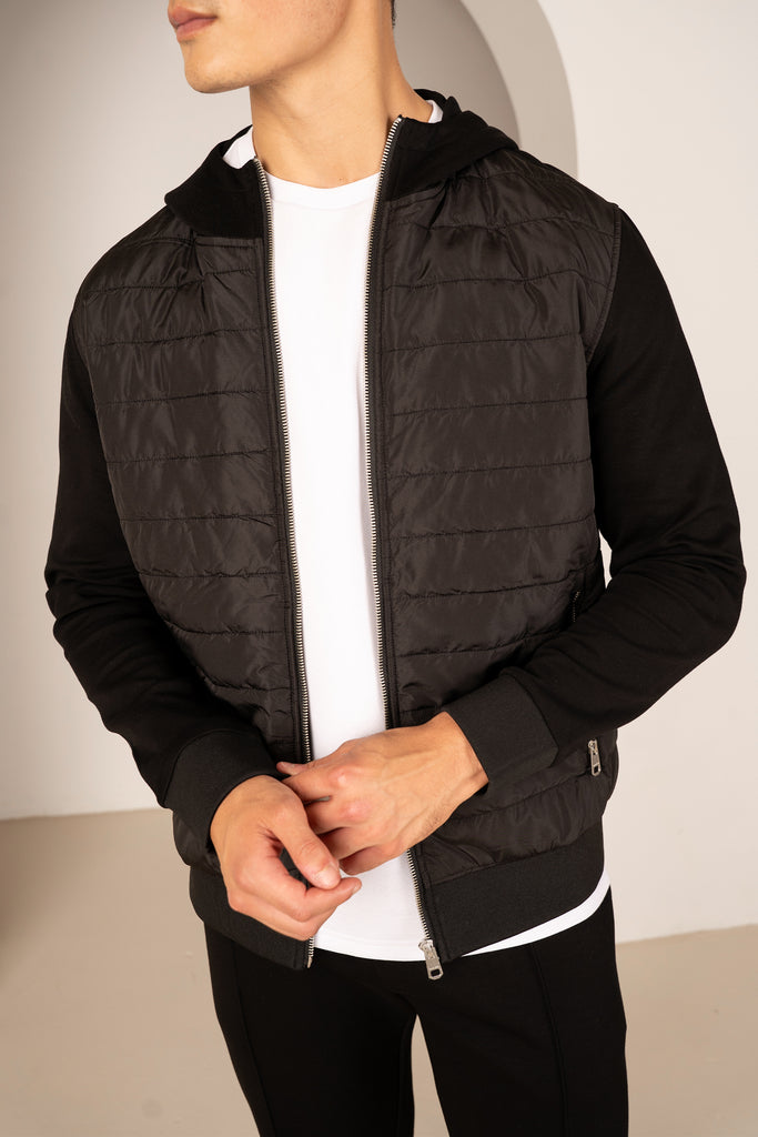 Hybrid Quilted Zip Through Hooded Jacket - Black