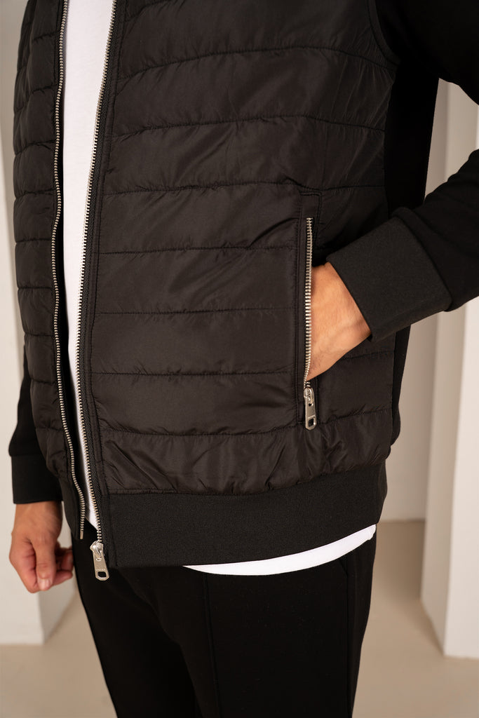 Hybrid Quilted Zip Through Hooded Jacket - Black