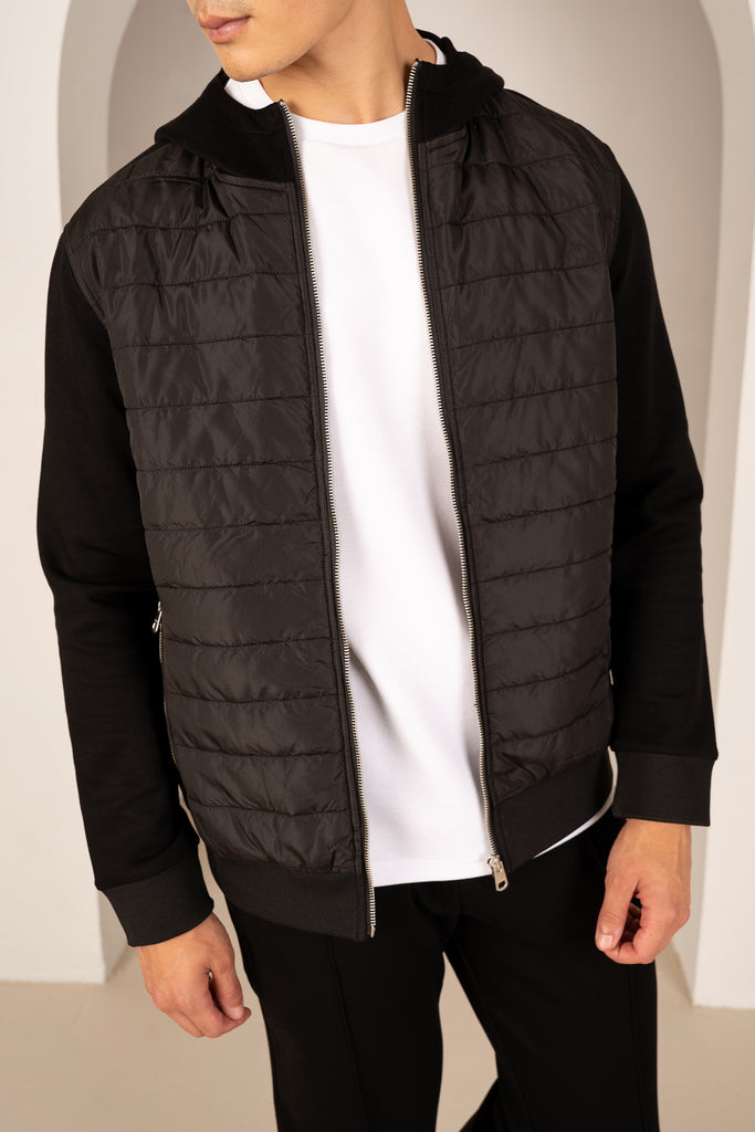 Hybrid Quilted Zip Through Hooded Jacket - Black