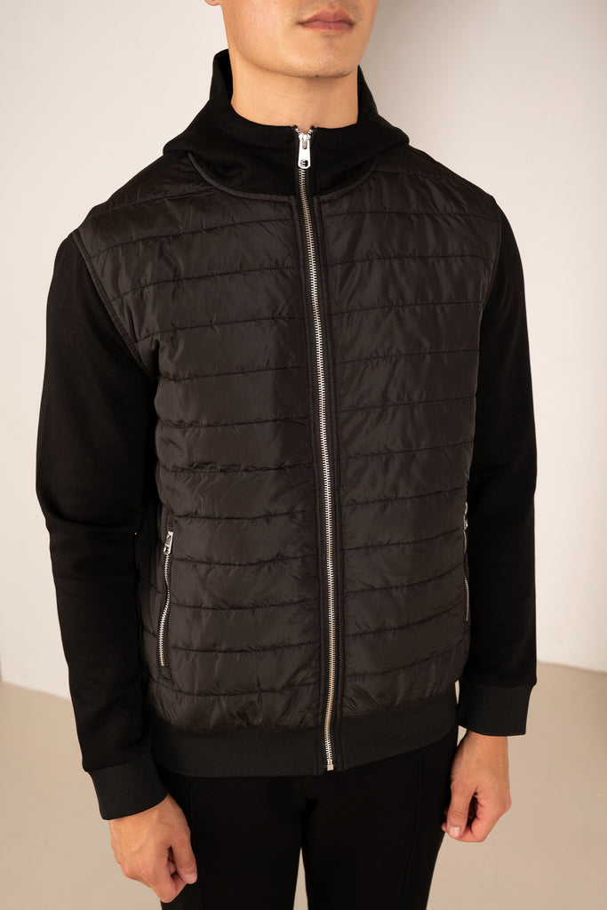 Hybrid Quilted Zip Through Hooded Jacket - Black