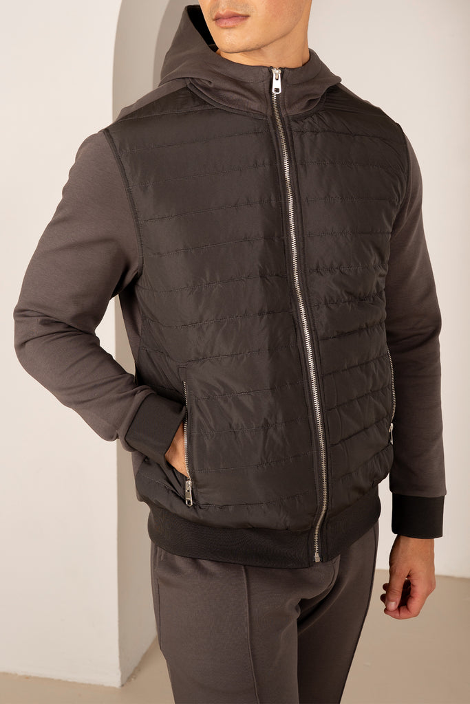 Hybrid Quilted Zip Through Hooded Jacket - Charcoal