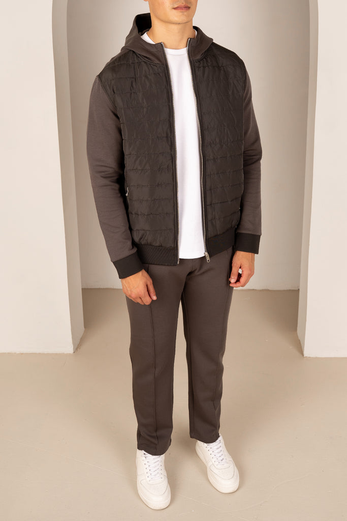 Hybrid Quilted Zip Through Hooded Jacket - Charcoal