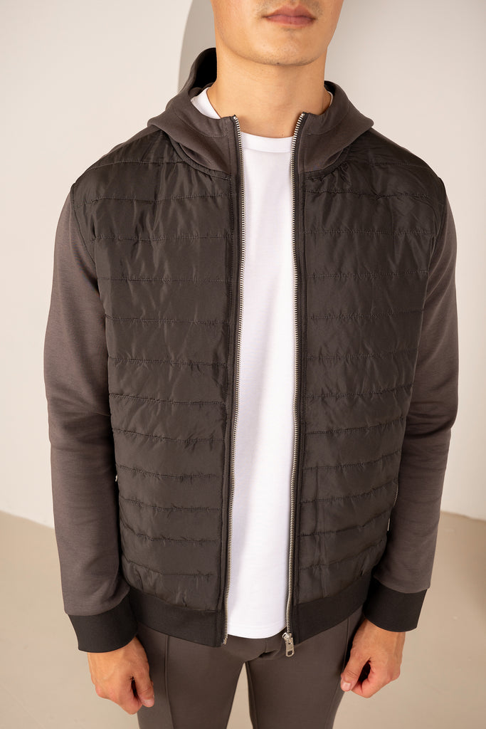 Hybrid Quilted Zip Through Hooded Jacket - Charcoal