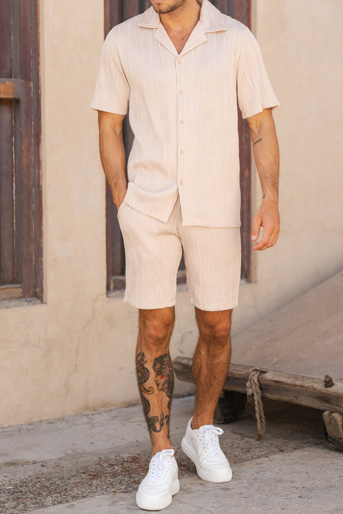 Ripple Texture Slim Fit Button Through Shirt - Taupe