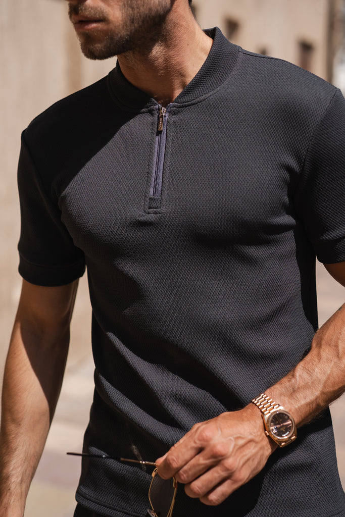 Slim Stretch Quarter Zip Polo - Charcoal