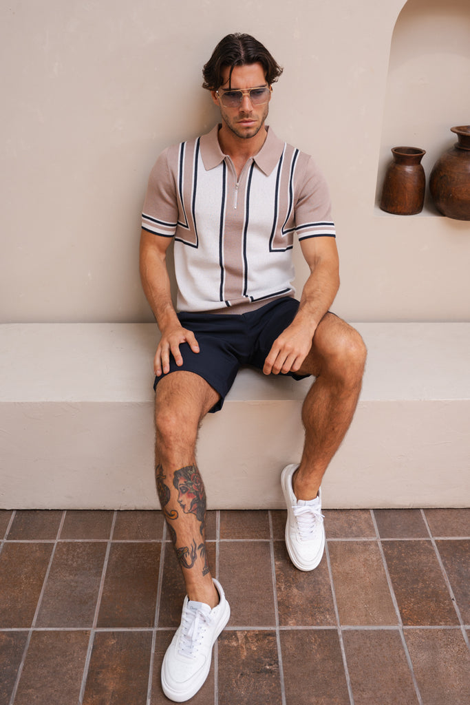 Geometric Quarter Zip Polo - Taupe