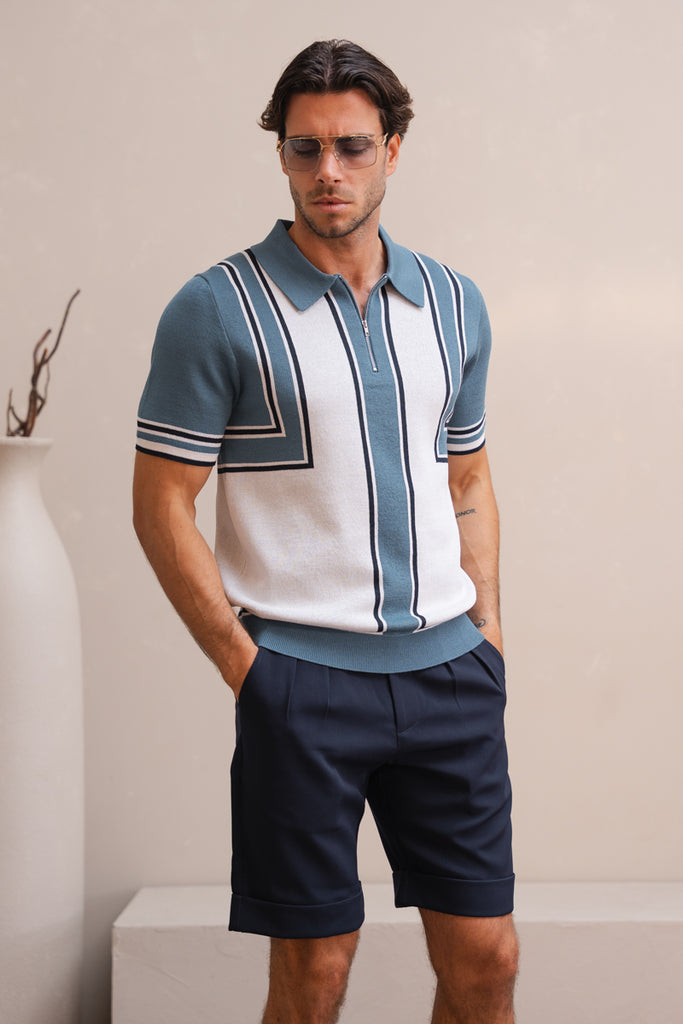 Geometric Quarter Zip Polo - Ocean