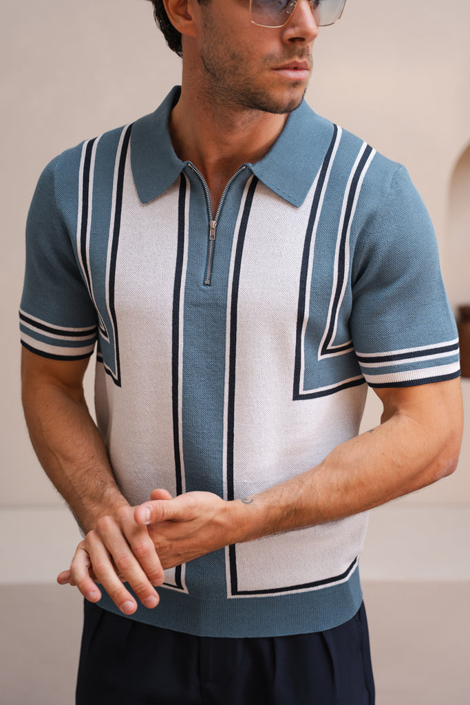 Geometric Quarter Zip Polo - Ocean