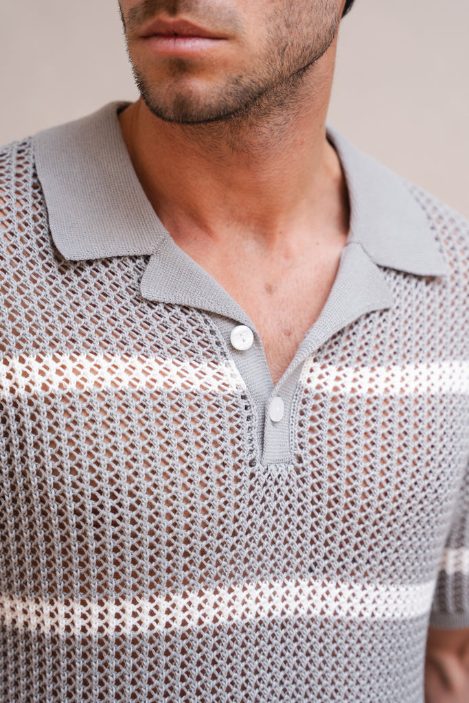 Knitted Stripe Revere Polo - Grey
