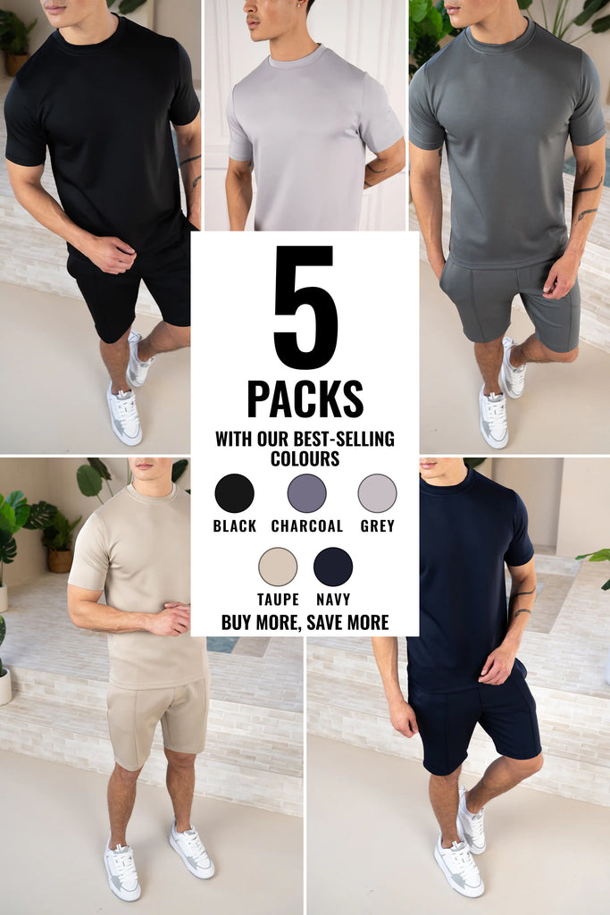 Scuba Slim Fit T-Shirt & Short Set - 5 Colours (Grey, Back, Charcoal, Taupe, Navy) - 5 Pack