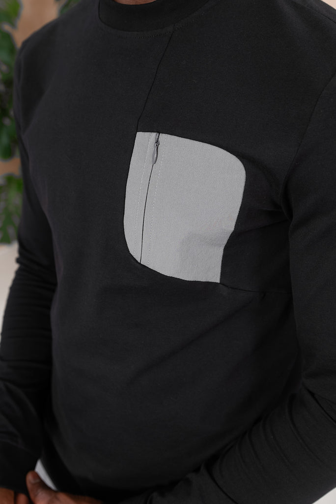 Tailored Tech Long Sleeve Pocket T-Shirt - Black/Charcoal