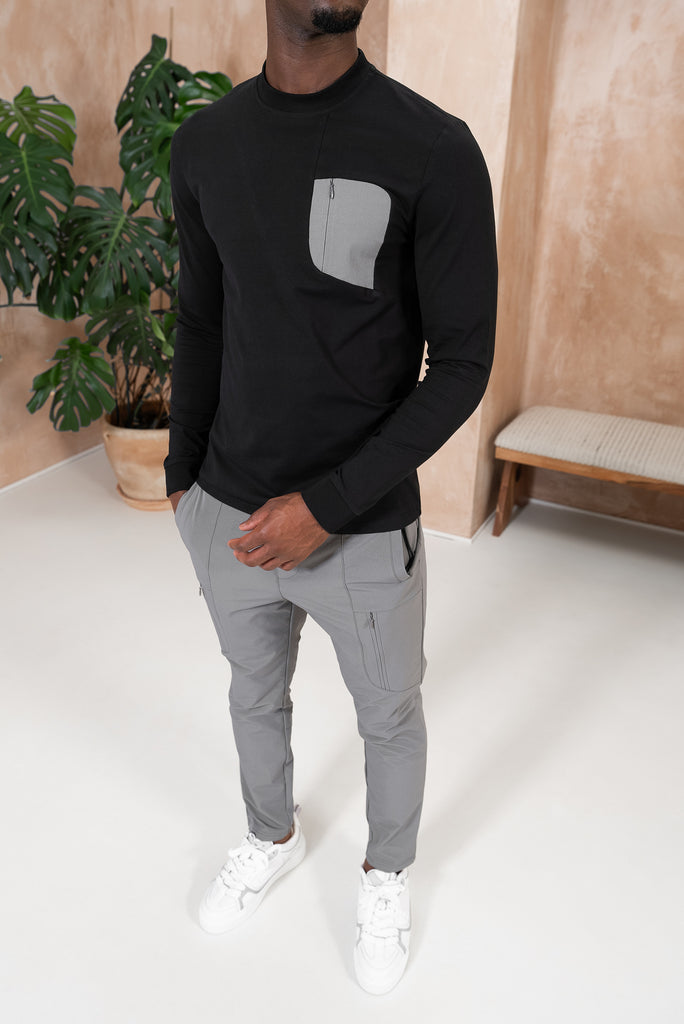 Tailored Tech Long Sleeve Pocket T-Shirt - Black/Charcoal