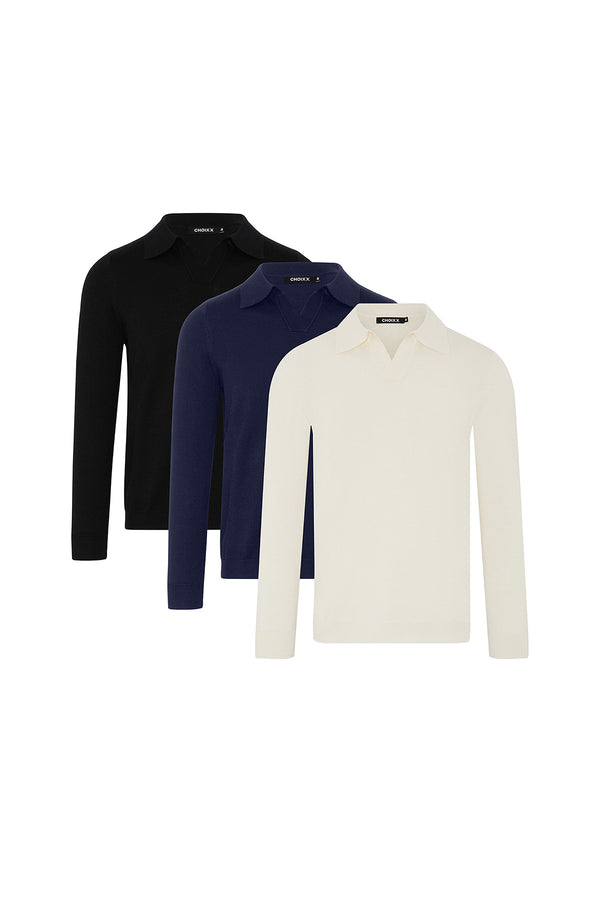 Premium Knitted Long Sleeve Open Neck Polo - 3 Colours Pack (Navy, Ecru, Black) - 3 Pack