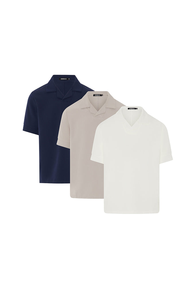 Scuba Open Neck Revere Polo - 3 Colours Pack (Navy, Off White, Grey) - 3 Pack