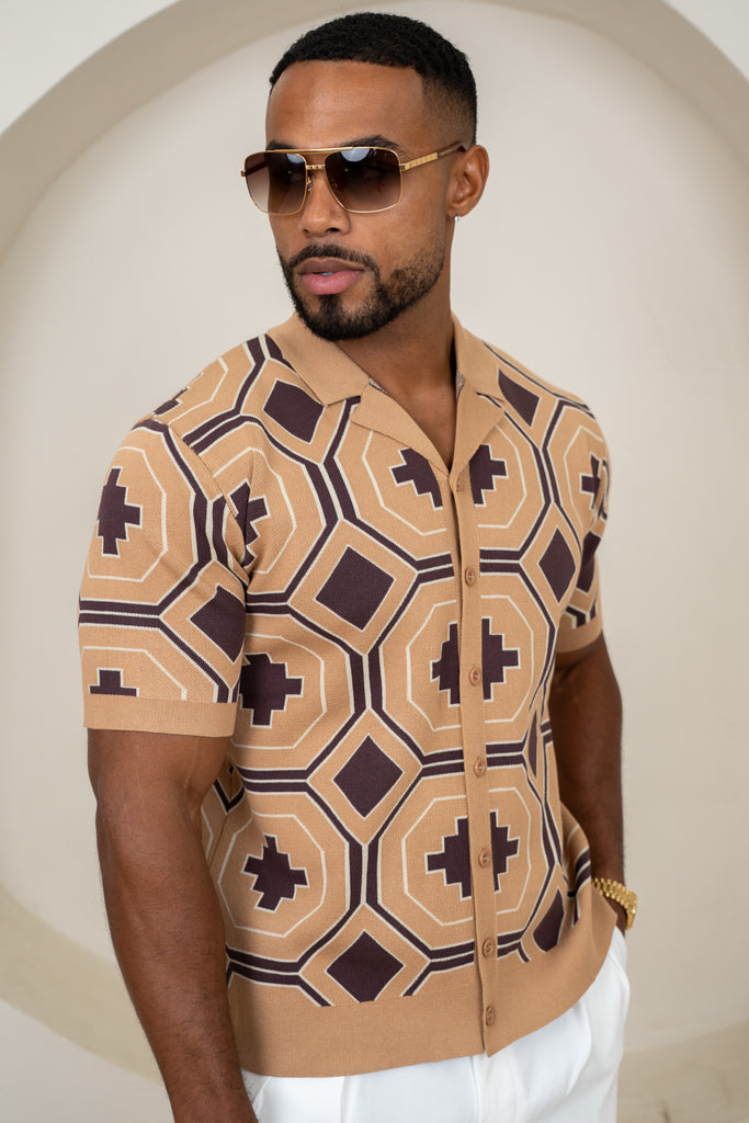 Aztec Button Up Knitted Shirt - Brown