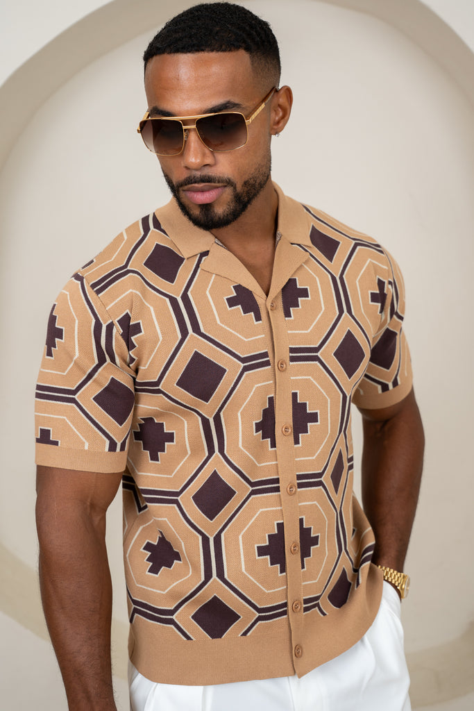 Aztec Button Up Knitted Shirt - Brown