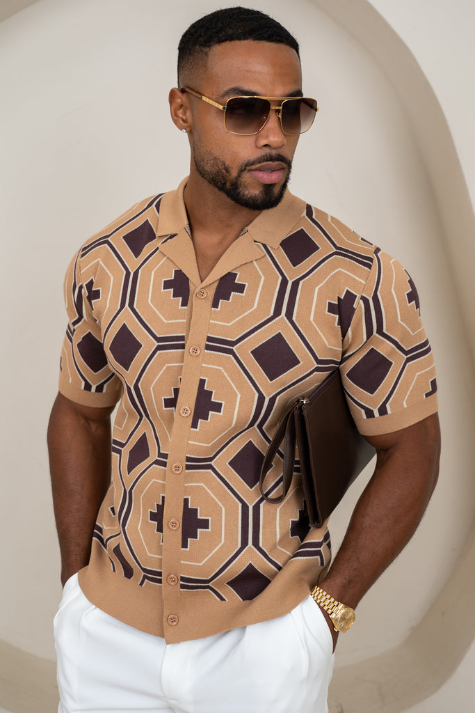 Aztec Button Up Knitted Shirt - Brown