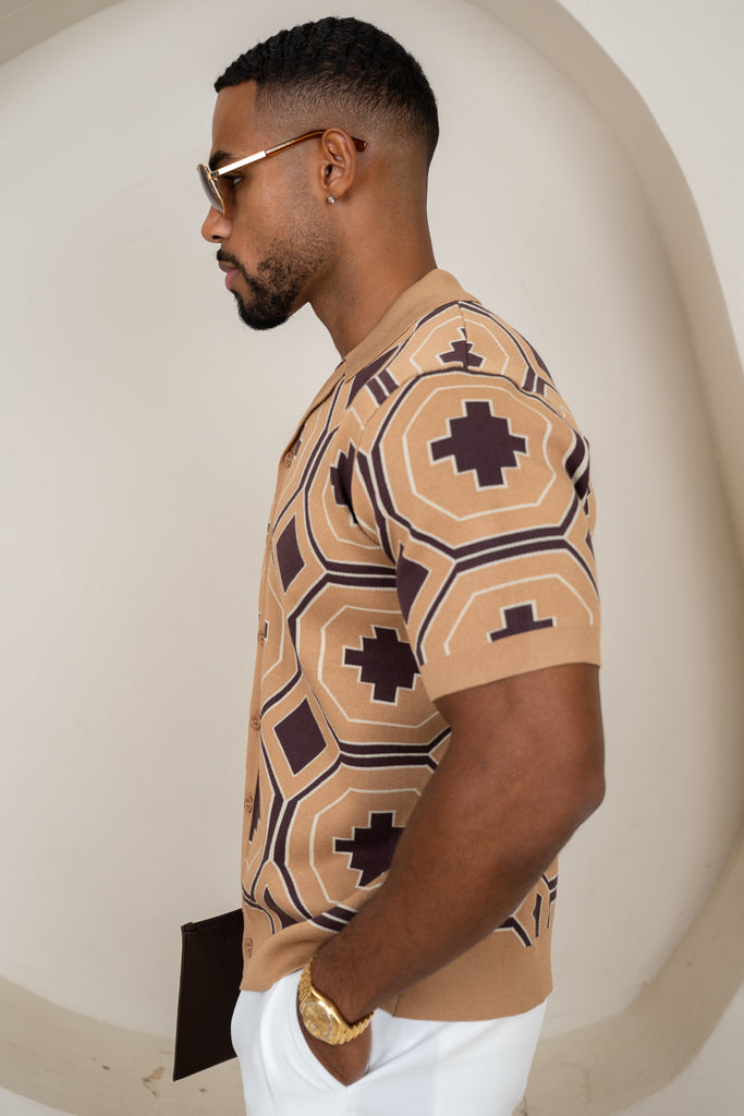 Aztec Button Up Knitted Shirt - Brown