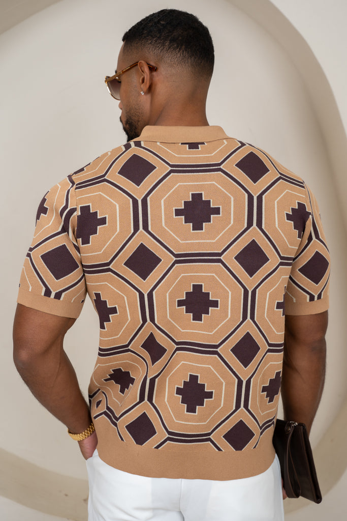 Aztec Button Up Knitted Shirt - Brown