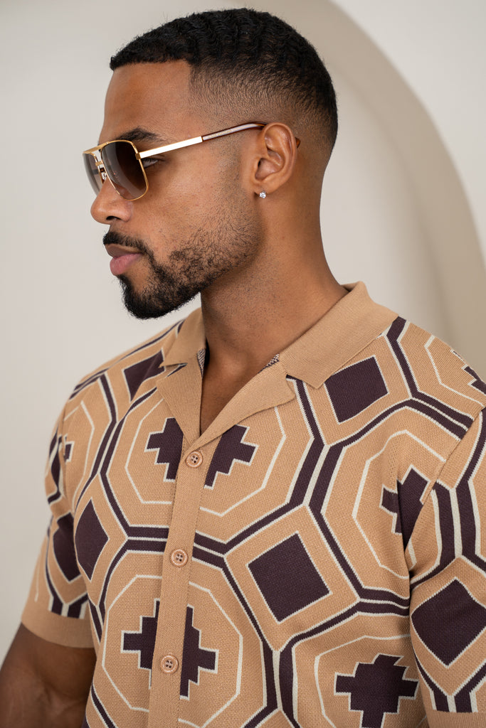 Aztec Button Up Knitted Shirt - Brown