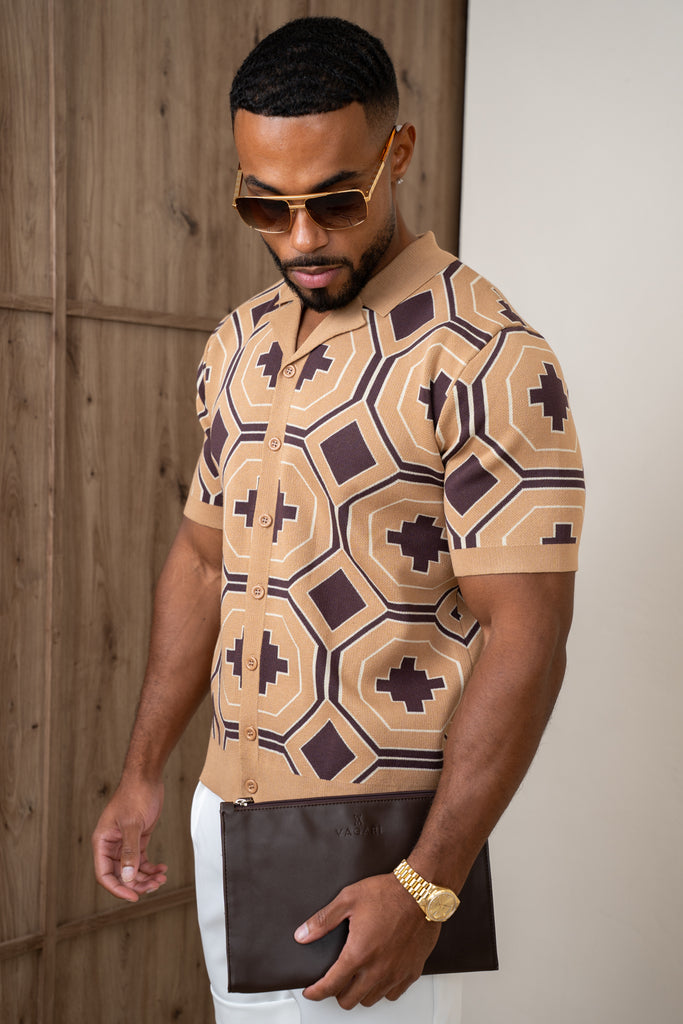 Aztec Button Up Knitted Shirt - Brown
