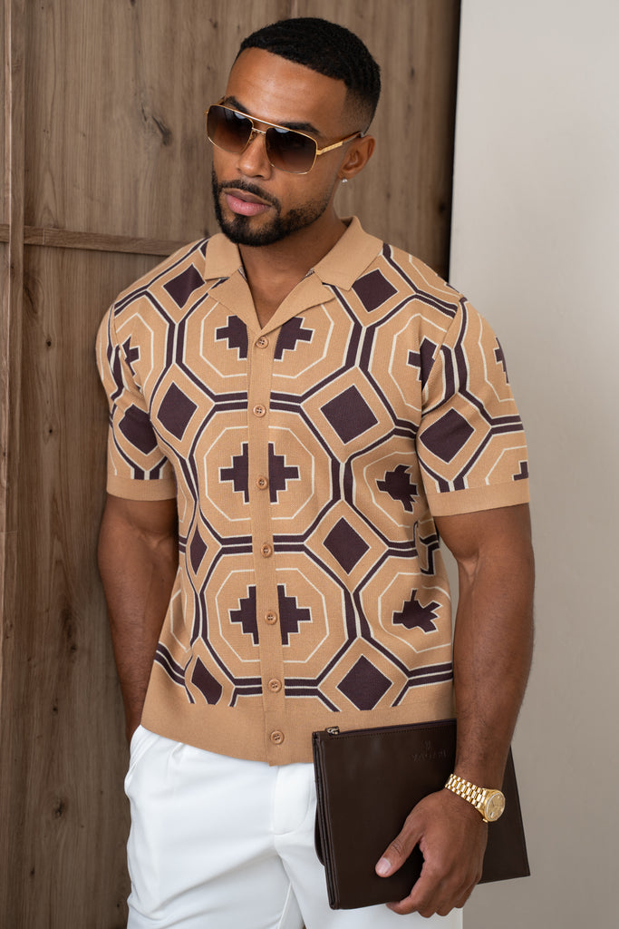 Aztec Button Up Knitted Shirt - Brown
