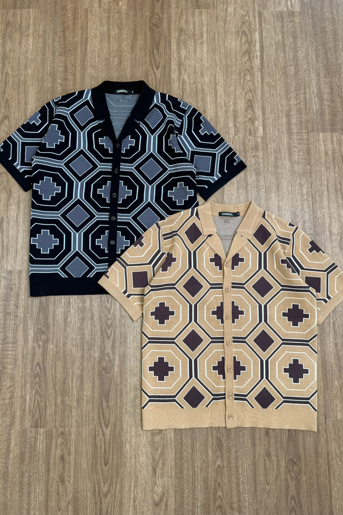 Aztec Button Up Knitted Shirt - Black