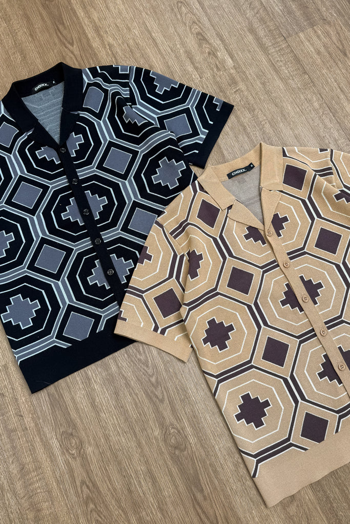Aztec Button Up Knitted Shirt - Black