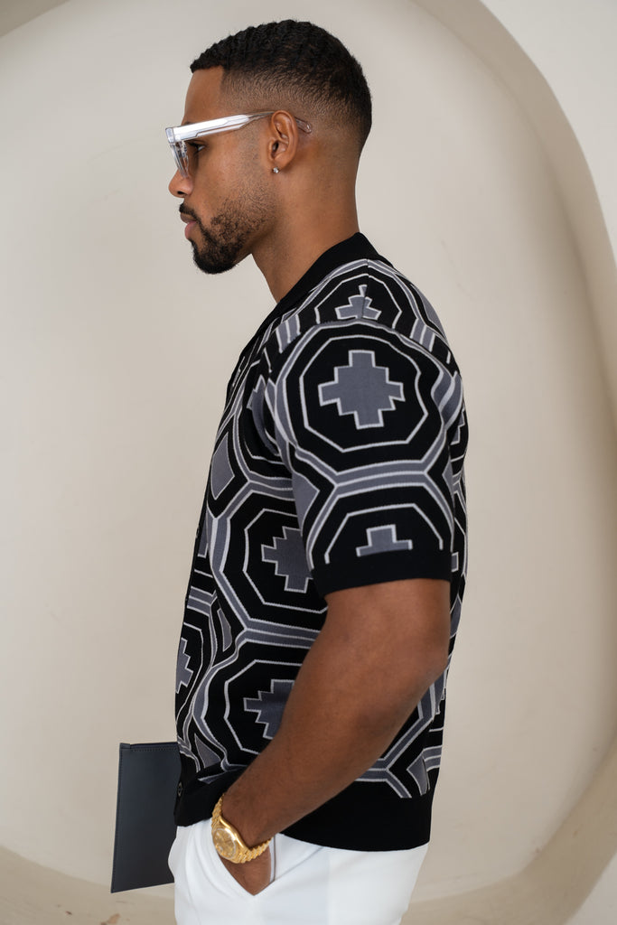 Aztec Button Up Knitted Shirt - Black