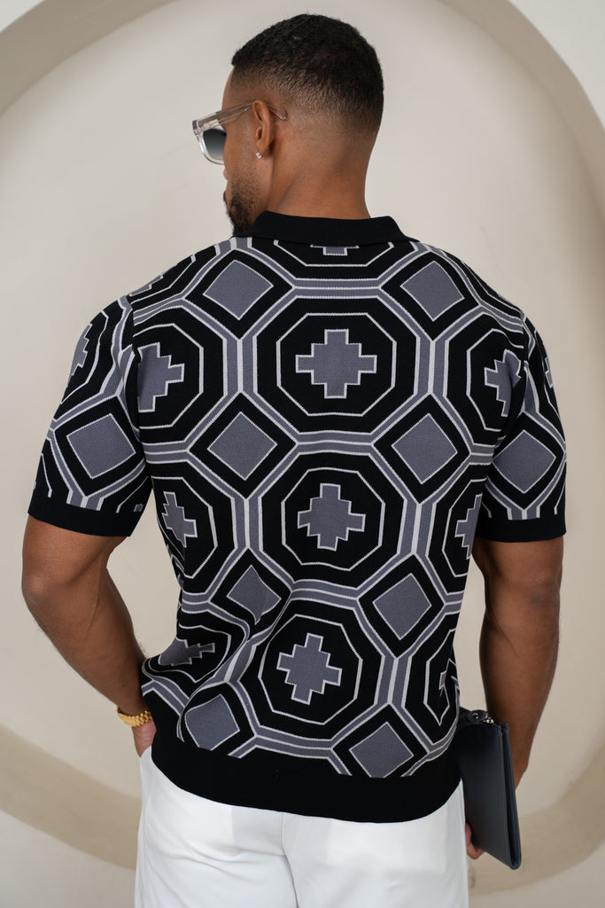 Aztec Button Up Knitted Shirt - Black