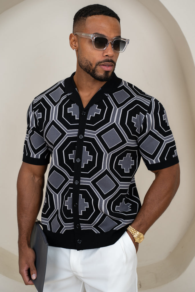 Aztec Button Up Knitted Shirt - Black