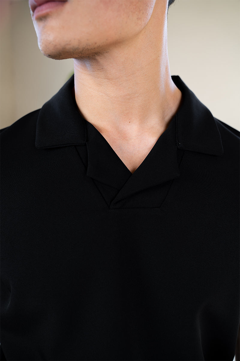 Scuba Open Neck Revere Polo - Black
