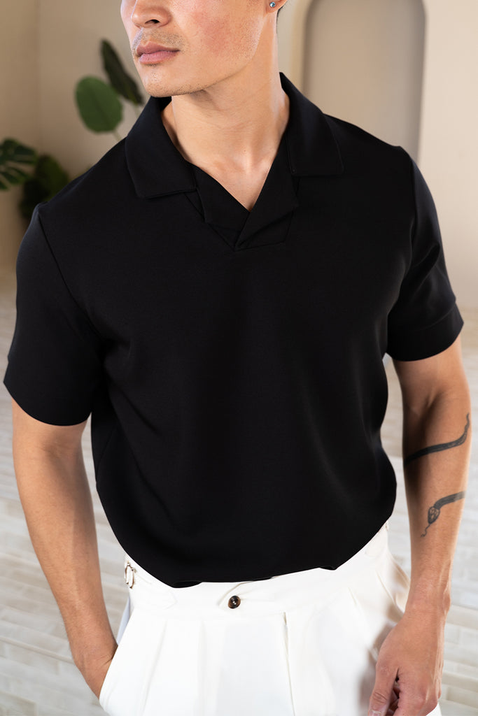 Scuba Open Neck Revere Polo - Black