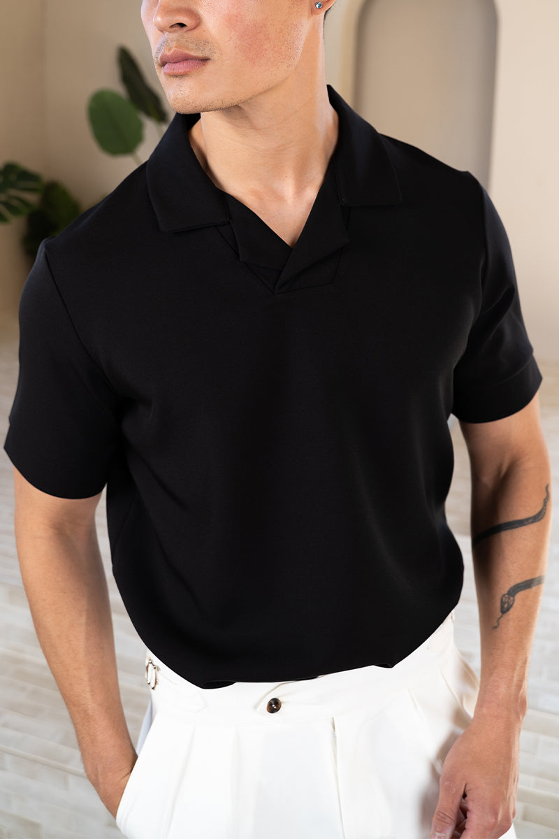 Scuba Open Neck Revere Polo - Black