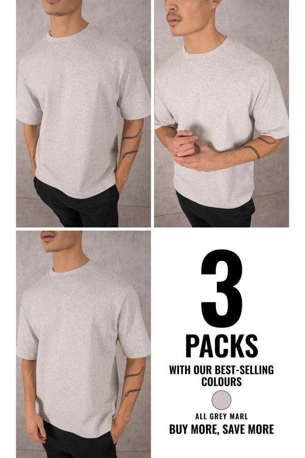 Boxy Fit Oversized T-Shirt - Grey Marl - 3 Pack