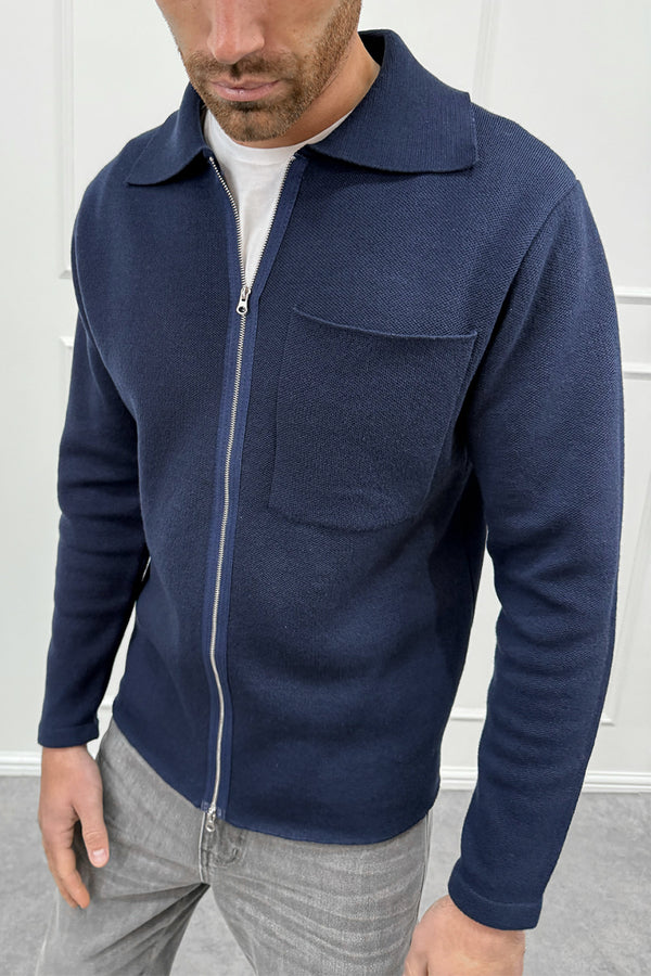 Collared Zip Up Cardigan - Navy