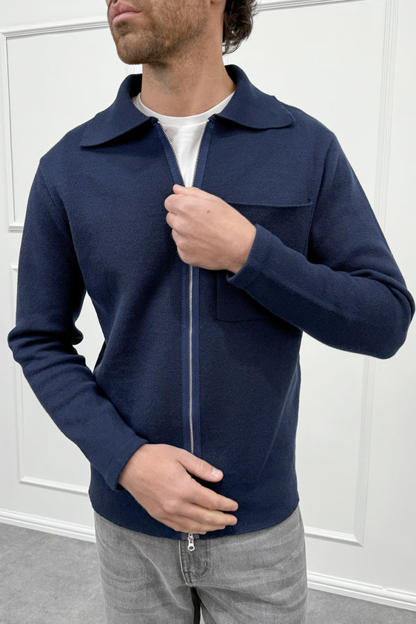 Collared Zip Up Cardigan - Navy