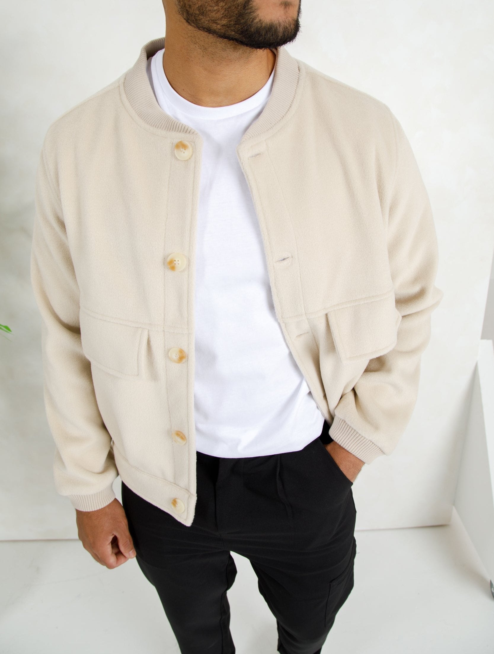 Premium Boucle Bomber Jacket - Beige