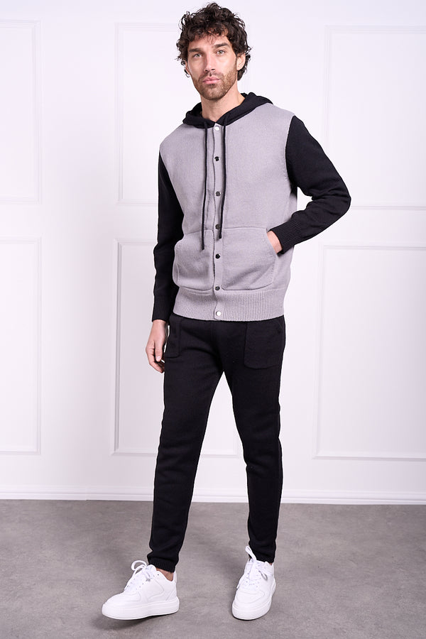 Panel Knitted Popper Hoody - Black