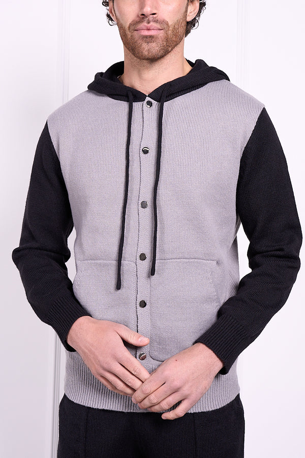 Panel Knitted Popper Hoody - Black