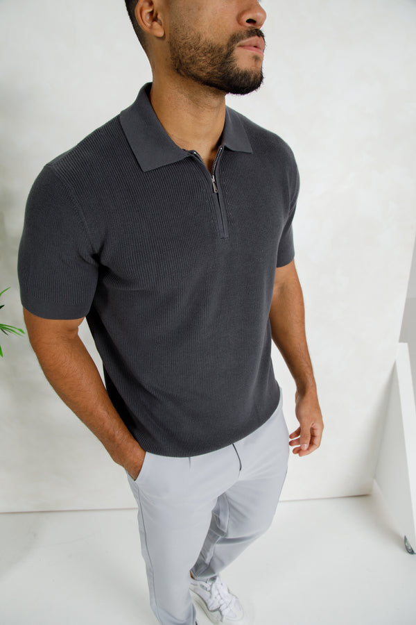 Premium Ribbed Knitted Polo Shirt - Charcoal