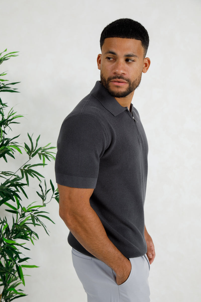 Premium Ribbed Knitted Polo Shirt - Charcoal