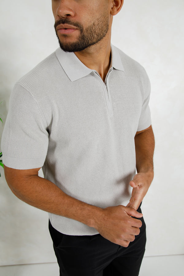 Premium Ribbed Knitted Polo Shirt - Grey