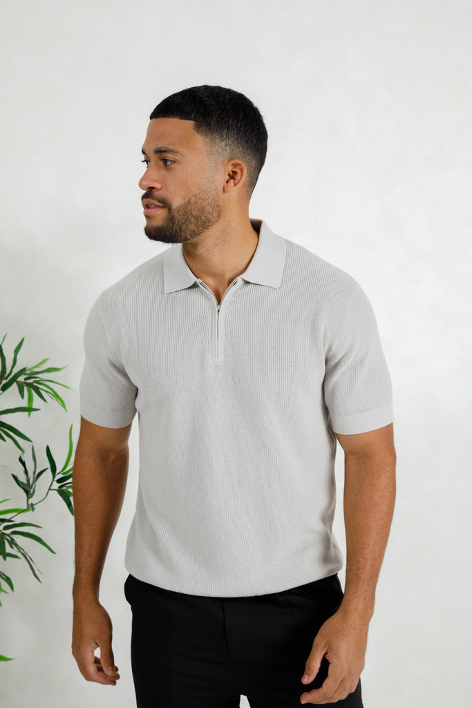 Premium Ribbed Knitted Polo Shirt - Grey