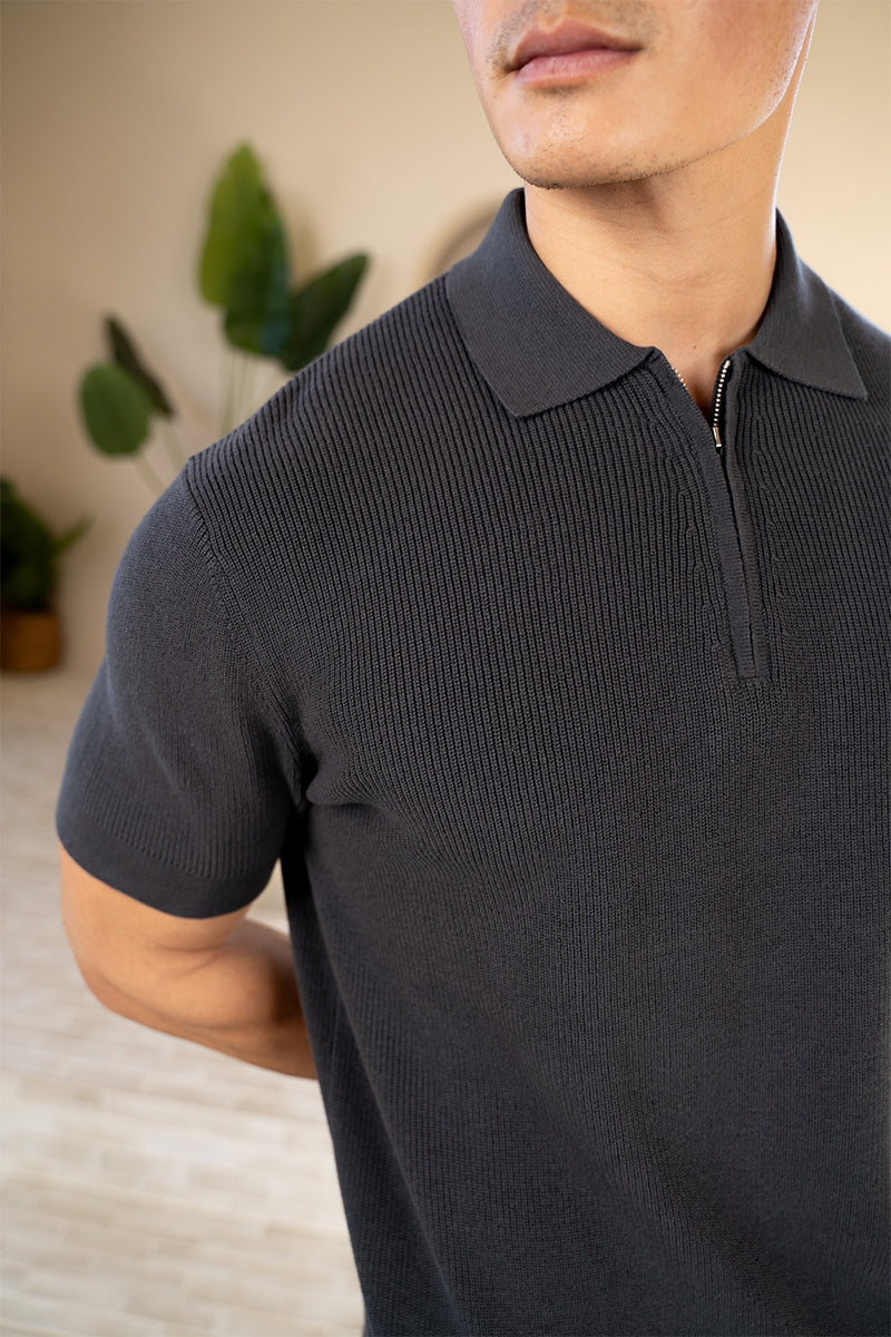 Premium Ribbed Knitted Polo Shirt - Charcoal