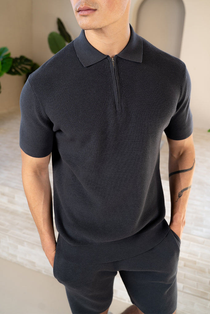 Premium Ribbed Knitted Polo Shirt - Charcoal